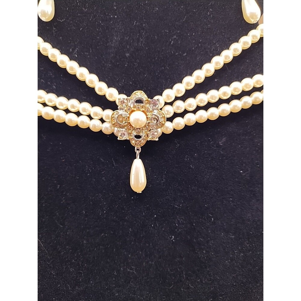 Faux Pearl Rhinestone Layered Choker Necklace with matching Earring